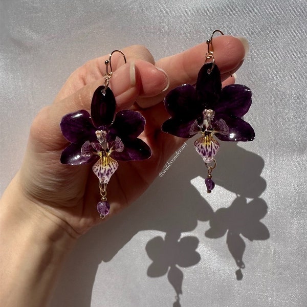 Real Preserved Orchid Flower Amethyst Earrings, Handmade, 14K Gold Filled