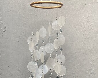 Classic Spiral-Glass Capiz Shell Wind Chime | 15 cm x 30 cm | Coastal Decor | Handcrafted Beach Wind Chime | Elegant Melodies