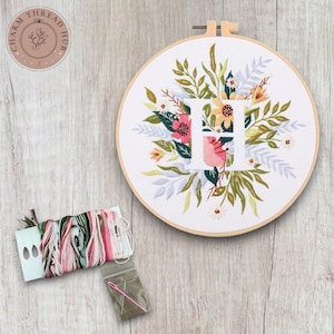 Kit de bordado con letra H floral moderno, punto de cruz vintage para principiantes, kit de bastidor de arte fácil, kit de manualidades para principiantes de bricolaje para adultos