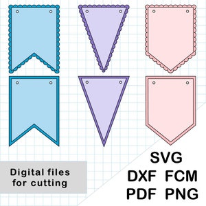 May include: Six printable pennant banner flags in three colors: light blue, lavender, and pink. The flags have scalloped edges and are designed for cutting.