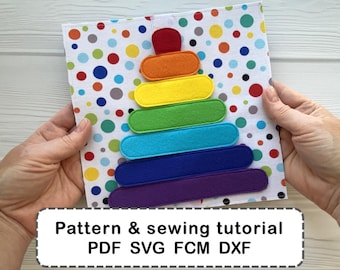 May include: A colorful felt stacking toy in the shape of a pyramid with a white background with colorful polka dots. The toy is made of felt and has a rainbow color scheme. The image includes the text "Pattern & sewing tutorial PDF SVG FCM DXF".