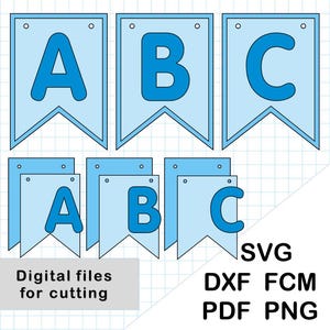 Può includere: Striscione stampabile blu e bianco con le lettere A, B e C. Lo striscione è progettato per essere tagliato e include file digitali in formato SVG, DXF, FCM, PDF e PNG.