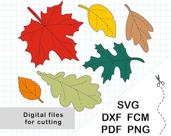 May include: A collection of colorful leaf designs in red, yellow, brown, green, and orange, with dashed stitch lines. The image includes the text "Digital files for cutting" and file type abbreviations: SVG, DXF, FCM, PDF, and PNG.