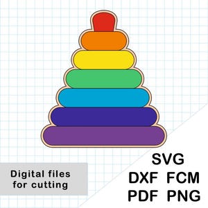 Könnte beinhalten: Ein Regenbogen-Stapelspielzeug, auch bekannt als Stapelringspielzeug, mit einer roten Spitze und einer violetten Basis. Das Spielzeug ist aus Holz und hat eine glatte Oberfläche. Digitale Dateien zum Ausschneiden sind enthalten.
