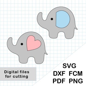 May include: Two gray elephant cutouts, one with a pink heart and the other with a blue shape. The image includes the text "Digital files for cutting" and file type abbreviations: SVG, DXF, FCM, PDF, and PNG.