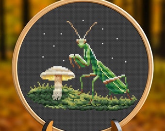 Mantis cross stitch pattern, Beetle embroidery, Witchy cottagecore decor, Entomology Cross Stitch, Insect lover gift, Dark Botanical pattern