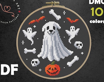 Patrón de punto de cruz de perro fantasma: bordado de Halloween con temática de brujas (patrón PDF)