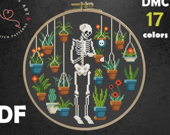 Skeleton with plants cross stitch pattern, Gothic Flower Embroidery, House With Plants, Plants Lover Gift, Funny Skeleton, Gothic wall decor