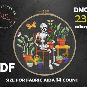 Skeletons with plant cross stitch pattern, Floral Embroidery, Gothic Cross Stitch, Plants Lover Gift, Funny Cross Stitch, Gothic wall decor