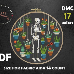 Skeleton with plants cross stitch pattern, Gothic Flower Embroidery, House With Plants, Plants Lover Gift, Funny Skeleton, Gothic wall decor