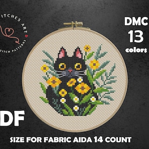 黒猫のクロスステッチ パターン、猫の植物の刺繍、植物のクロスステッチ、猫好きへのギフト、植物と猫、デジタル ダウンロード PDF