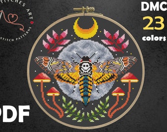 Death head moth cross stitch pattern, Luna moth butterfly, Mushroom embroidery, Moon wall decor, Witch cross stitch, Digital download PDF