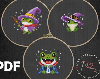 Halloween Frogs Cross Stitch Pattern: Witch, Wizard, Vampire (PDF Pattern)