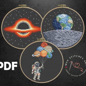 宇宙クロスステッチパターンセット、ブラックホール、地球、宇宙飛行士、星雲、科学オタクギフト、天体宇宙ニードルポイント、宇宙ステッチ
