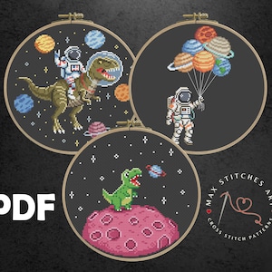 Paquete de patrones de punto de cruz de dinosaurio y astronauta del espacio exterior, divertido bordado espacial en PDF para habitación infantil o idea de regalo