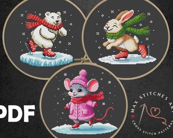 Animals on Skates Cross Stitch Pattern: Winter Mouse, Polar Bear, Bunny (PDF Pattern)