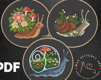 Conjunto de padrões de ponto cruz de caracol em PDF: desenhos de bordados florais e de cogumelos