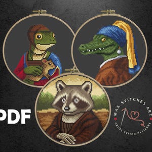 Lot de motifs PDF animal rigolo au point de croix – Ensemble de portraits de parodies classiques mettant en vedette un raton laveur, un crocodile et une grenouille