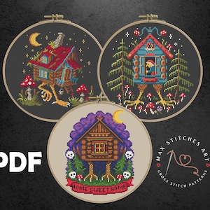 May include: Three cross stitch patterns featuring houses with legs. The first pattern is a dark blue house with a red roof and a crescent moon. The second pattern is a blue house with a red roof and a white window. The third pattern is a brown house with a brown roof and a skull and crossbones design. All three patterns have the text "Home Sweet Home" on a banner.