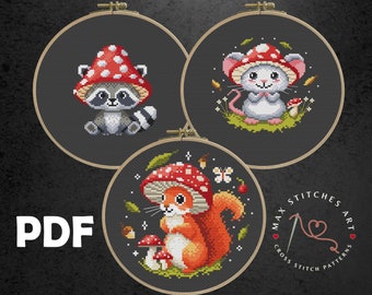 Forest Animals Cross Stitch Pattern Set: Goblincore Raccoon, Mouse, Squirrel (PDF Pattern)