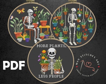 Skeletons with plants cross stitch pattern, Funny skeleton, Floral Embroidery, Gothic Cross Stitch, Plants Lover Gift, Gothic wall decor