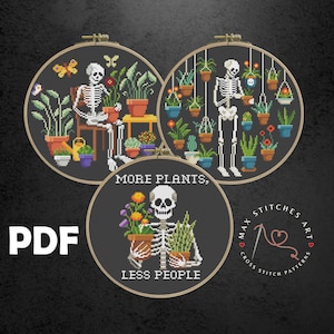 Skeletons with plants cross stitch pattern, Funny skeleton, Floral Embroidery, Gothic Cross Stitch, Plants Lover Gift, Gothic wall decor