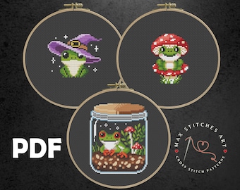 Tiny Frog Cross Stitch Pattern Set: Witch, Mushroom, Fairy (PDF Pattern)