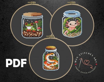 Amphibians in Jars Cross Stitch Pattern, Axolotl, Frog, Snake (PDF Pattern)