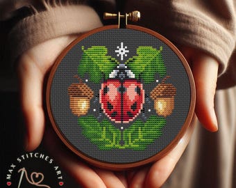 Ladybug Cross Stitch Pattern: Forest Beetle, Acorn Cottagecore (PDF Pattern)