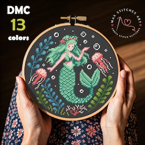 Mermaid Cross Stitch Pattern PDF – Underwater Sea Creature Sampler with Jellyfish and Plants, Modern Ocean Embroidery