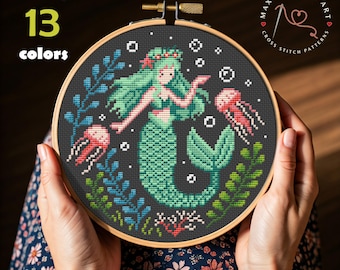 Mermaid Cross Stitch Pattern PDF – Underwater Sea Creature Sampler with Jellyfish and Plants, Modern Ocean Embroidery