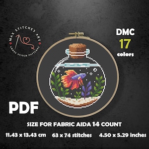 May include: Cross stitch pattern of a betta fish in a glass jar with plants. The pattern is for Aida 14 count fabric and uses 17 DMC colors. The finished size is 4.50 x 5.29 inches or 11.43 x 13.43 cm.