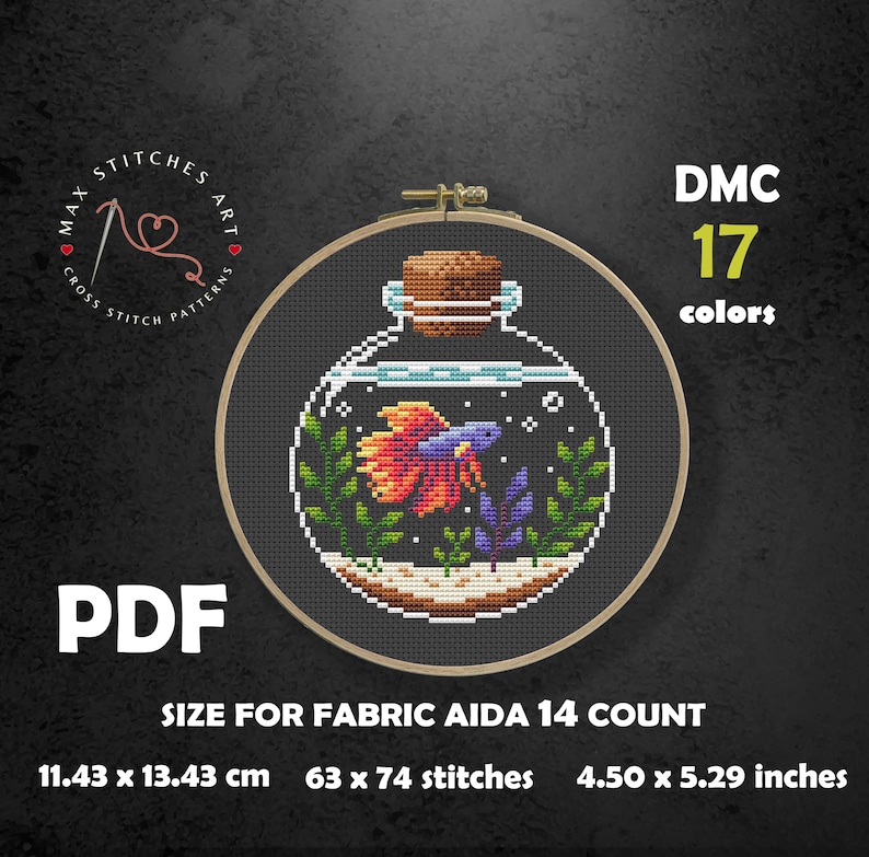 May include: Cross stitch pattern of a betta fish in a glass jar with plants. The pattern is for Aida 14 count fabric and uses 17 DMC colors. The finished size is 4.50 x 5.29 inches or 11.43 x 13.43 cm.