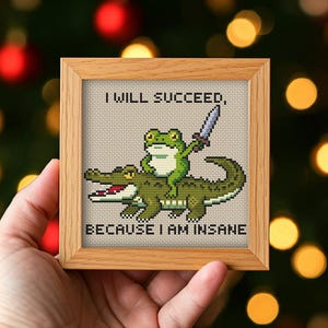 Funny Frog Cross Stitch Pattern, I Will Succeed Because I Am Insane, Frog Riding Crocodile PDF