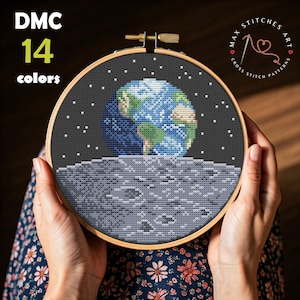 月から見た地球のクロスステッチ PDF、SF ニードルポイント、天文学の刺繍、月の風景パターン、宇宙のニードルポイント宇宙飛行士の装飾