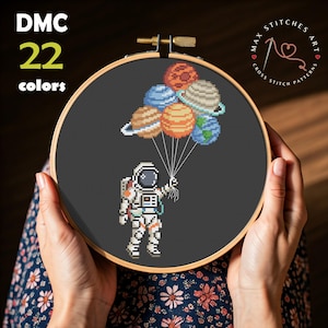 惑星と宇宙飛行士のクロスステッチパターン、宇宙刺繍 PDF、モダンな DIY ニードルポイントチャート、かわいい宇宙飛行士のパターンのダウンロード