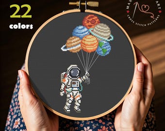 Padrão de ponto cruz de astronauta com planetas: bordado espacial (download em PDF)