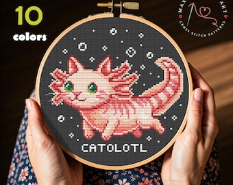 Catolotl Cross Stitch, Cute Axolotl Cat Pattern PDF