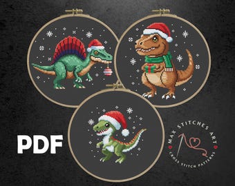 Set of 3 Christmas dinosaurs cross stitch pattern, Dinosaur embroidery, Velociraptor, T-rex, Spinosaurus, Funny Christmas, Dino wall decor