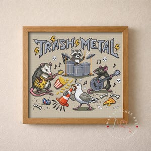 Trash Metal Band Cross Stitch Pattern PDF. Funny Raccoon, Opossum, Rat and Seagull Music Pun. Subversive Meme Chart. Instant Download