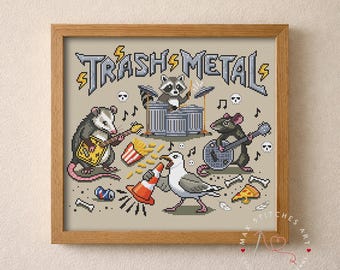 Trash Metal Band Cross Stitch Pattern PDF. Funny Raccoon, Opossum, Rat and Seagull Music Pun. Subversive Meme Chart. Instant Download