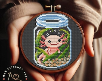 Axolotl in a jar cross stitch pattern, Axolotl embroidery, Axolotl lover gift, Kawaii Cross Stitch, Tiny Cross Stitch, Cottagecore decor