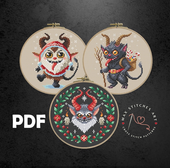 Set of 3 Krampus Cross Stitch Pattern, Scary Christmas embroidery, Gruss vom Krampus, Christmas Demon, Goth Holiday Decor, Mythical Creature