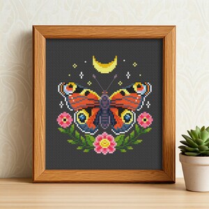 May include: A cross-stitch pattern featuring a colorful butterfly with a crescent moon and floral accents on a dark gray background.