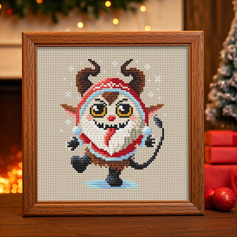 May include: A cross-stitch pattern of a cartoon Christmas imp wearing a red hat and holding a snowball. The imp has a mischievous expression and is surrounded by snowflakes.