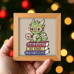 Dragon Cross Stitch Pattern PDF, Bookish Dragon Embroidery Chart, Be Kind Stay Weird Needlepoint, Cute Reading Monster, Librarian Gift Idea