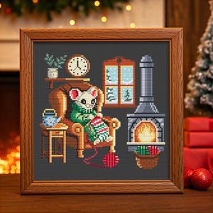 May include: A cross-stitch pattern of a white mouse sitting in a brown armchair by a fireplace. The mouse is wearing a green sweater and red and white striped pants. The fireplace is lit and there is a window behind the armchair.