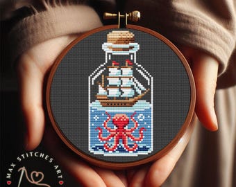 Kraken Ship in a Bottle Cross Stitch Pattern: Sea Monster Embroidery (PDF Pattern)