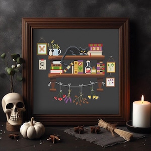 Witchcraft supply cross stitch pattern, Witch shelf embroidery, Green Witch, Poisonous Plants, Witch Library, Witch lover gift