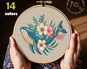 Ocean Whale Floral Cross Stitch PDF Pattern, DIY Nautical Embroidery Chart, Instant Download Whale Lover Gift, Coastal Handmade Needlework